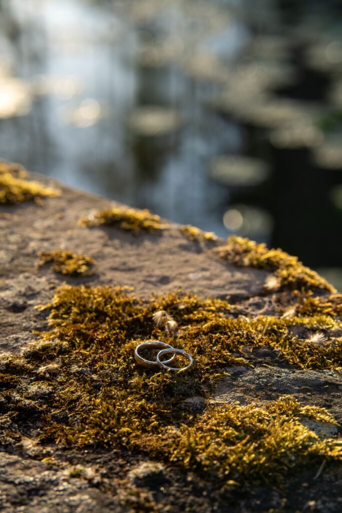 Detailaufnahme der Eheringe auf einer moosbewachsenen Steinmauer an der Wasserburg Schelenburg in Bissendorf. Romantische Hochzeitsdetails im Abendlicht, aufgenommen vom Hochzeitsfotograf Osnabrück.